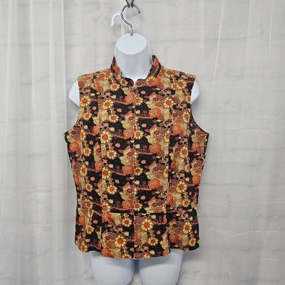 Christopher & Banks Brown Orange Floral Boho Denim Zip Vest Retro M - Picture 1 of 13